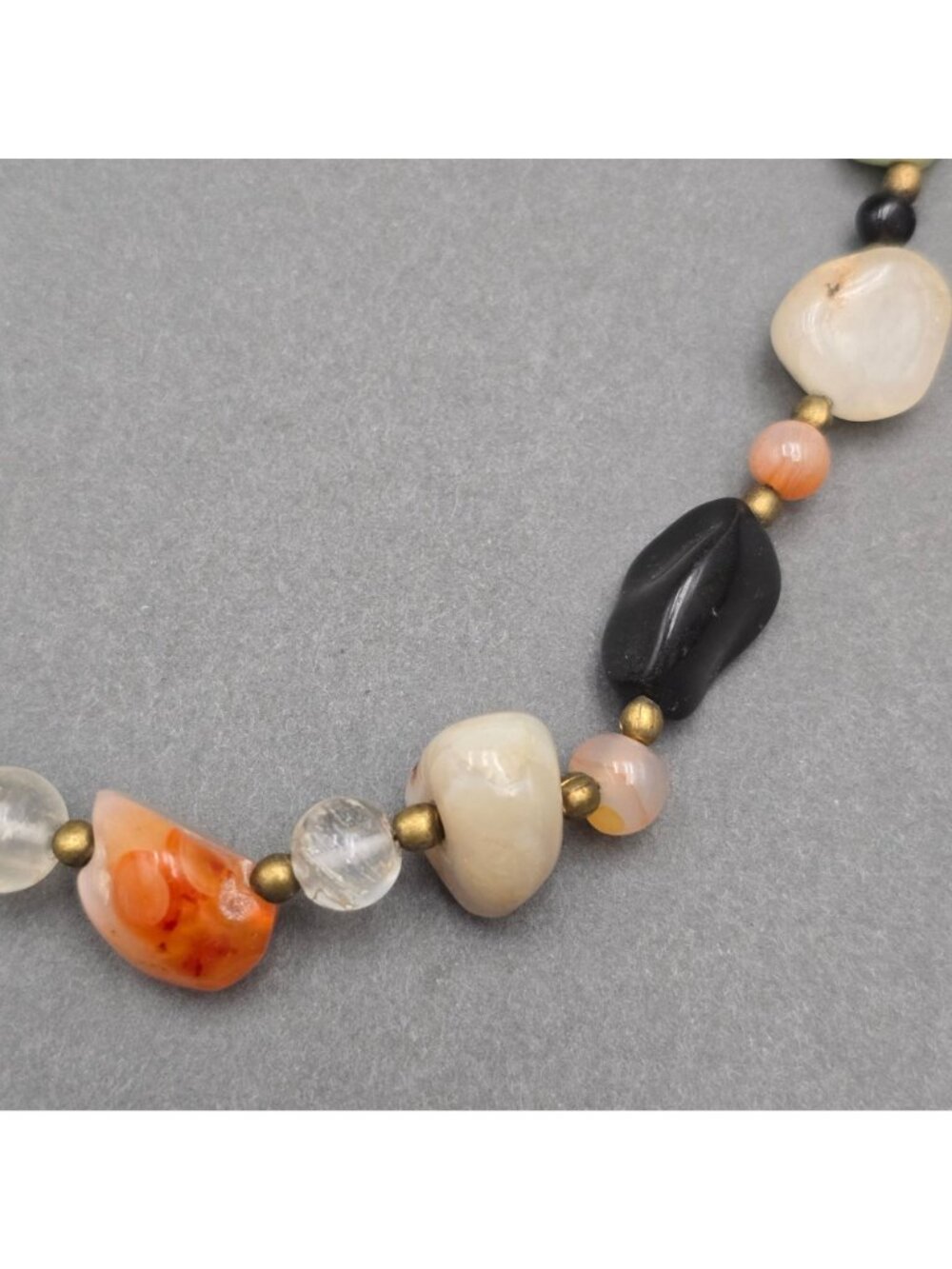 Vintage Multi Gemstone Beggar Bead Necklace 20" Natural Stone Brass Accents - Picture 3 of 11